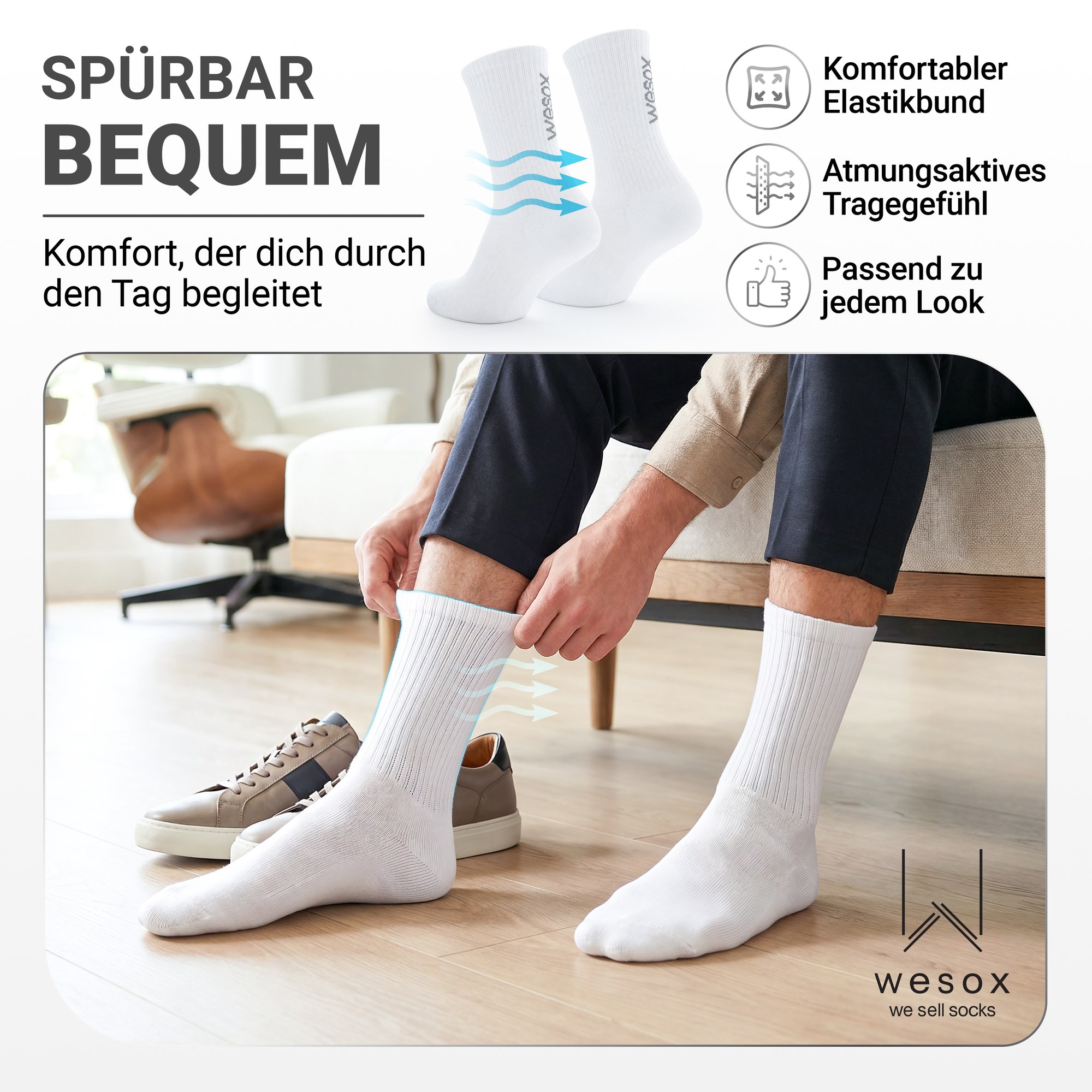 Person zieht bequeme weiße wesox Crew-Socken an