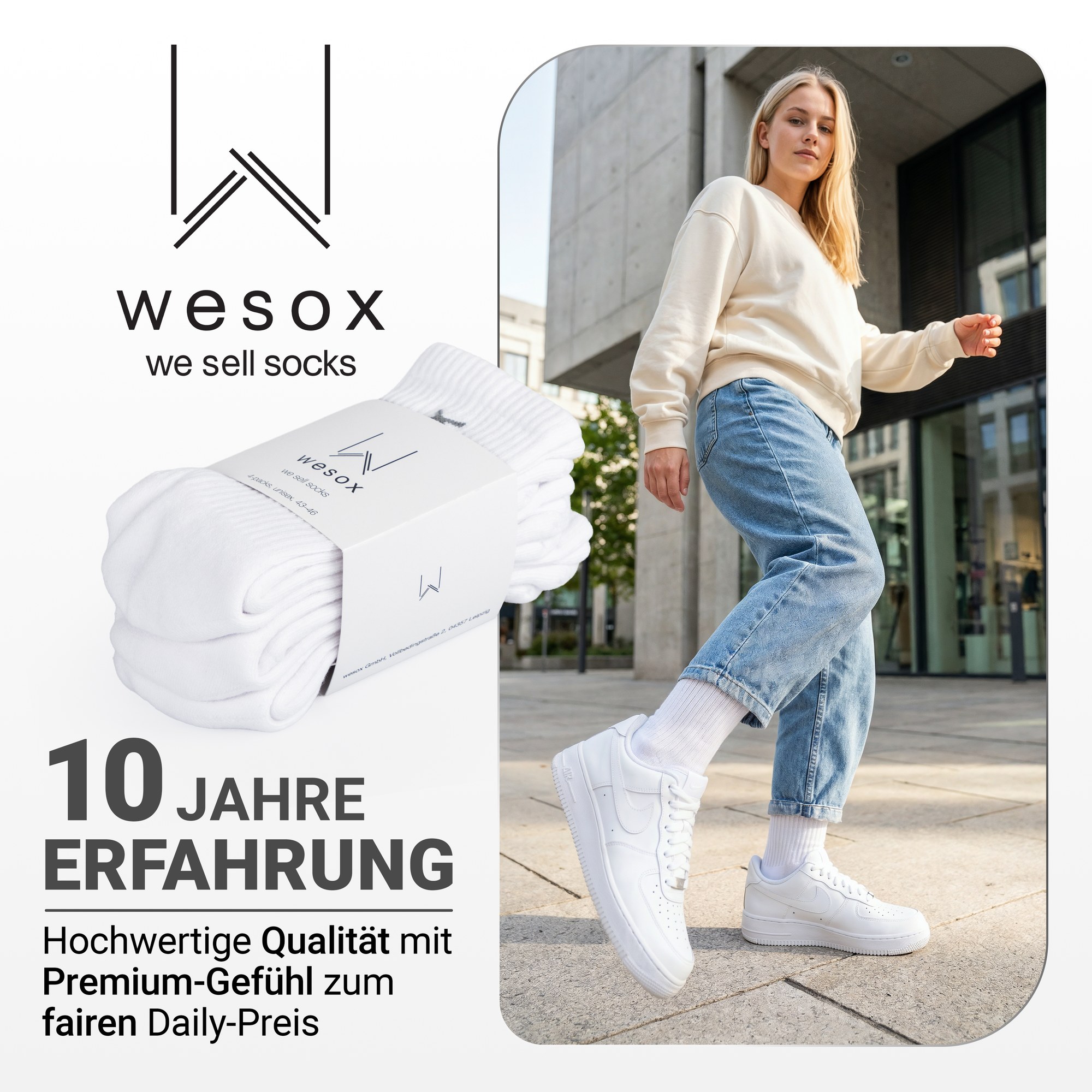 wesox Produktpackung und Frau mit weißen Crew-Socken